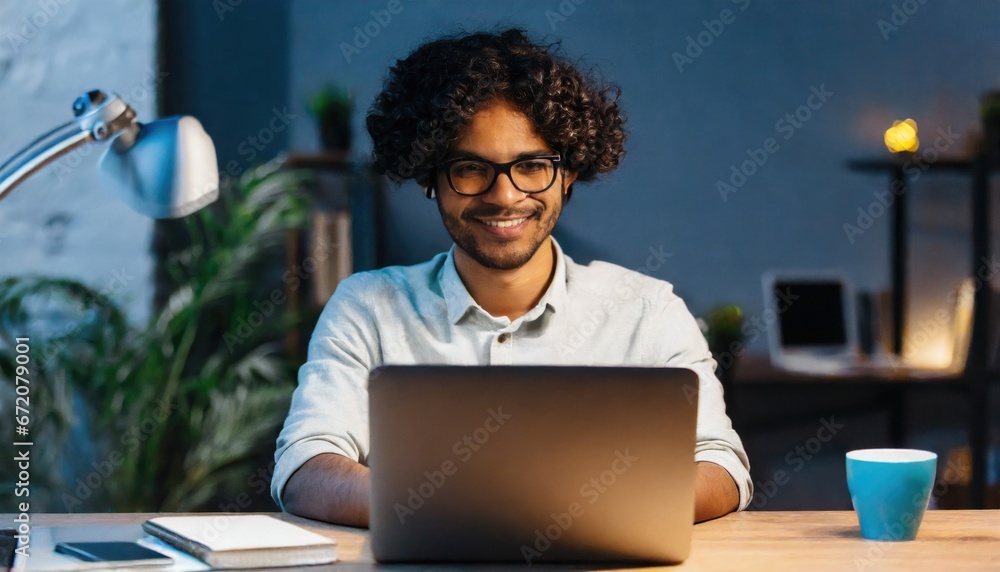 Smiling young curly indian latin ethnic business man or student wearing glasses remote working overtime, learning online late at night at home or in dark office using laptop computer at workplace - obrazy, fototapety, plakaty 