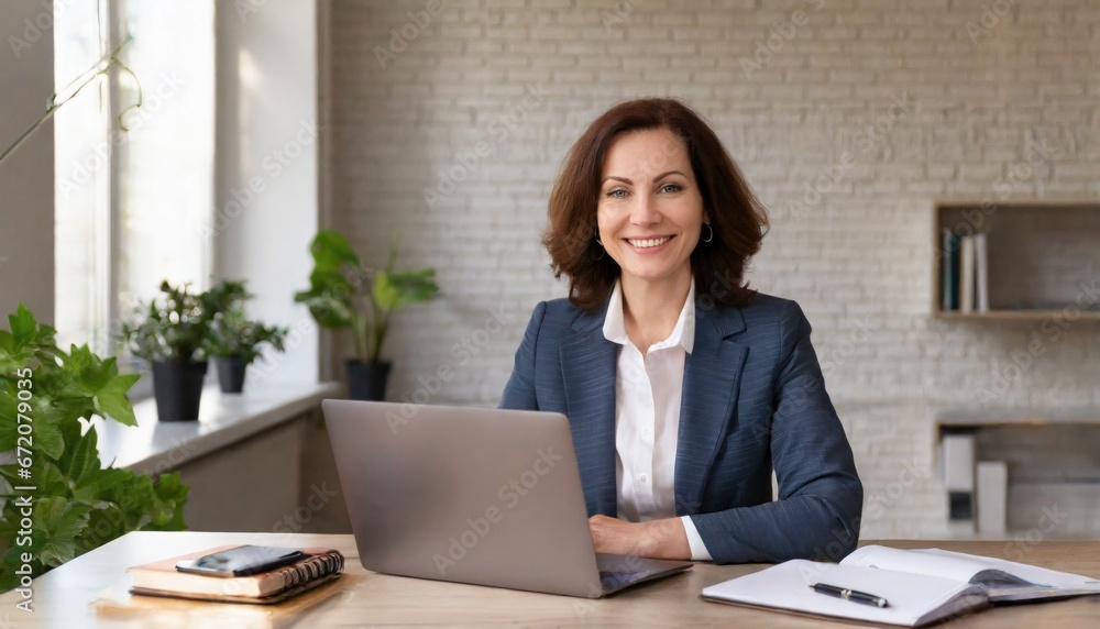 Happy smiling mature mid aged professional business woman manager executive or lawyer attorney looking at camera at workplace working on laptop computer technology in office sitting at desk Happy smiling mature mid aged professional business woman manager executive or lawyer attorney looking at camera at workplace working on laptop computer technology in office sitting at desk