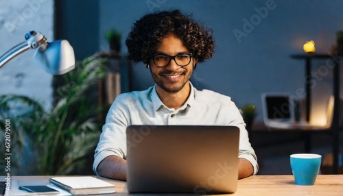 Smiling young curly indian latin ethnic business man or student wearing glasses remote working overtime, learning online late at night at home or in dark office using laptop computer at workplace