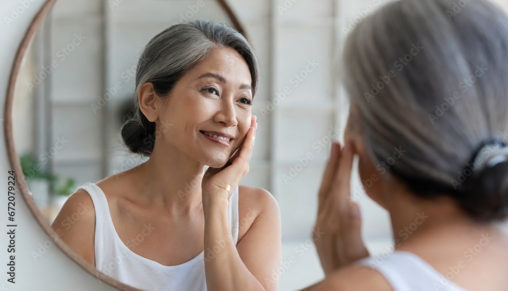 Happy 50s middle aged woman model touching face skin looking in mirror reflection. Smiling mature old lady pampering, healthy moisturized skin care, aging beauty, skincare treatment cosmetics concept Happy 50s middle aged woman model touching face skin looking in mirror reflection. Smiling mature old lady pampering, healthy moisturized skin care, aging beauty, skincare treatment cosmetics concept