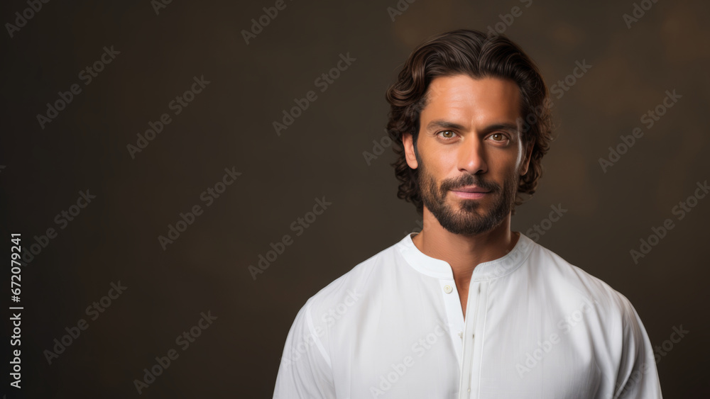 Middle Eastern man in 30s, medium black hair, studio