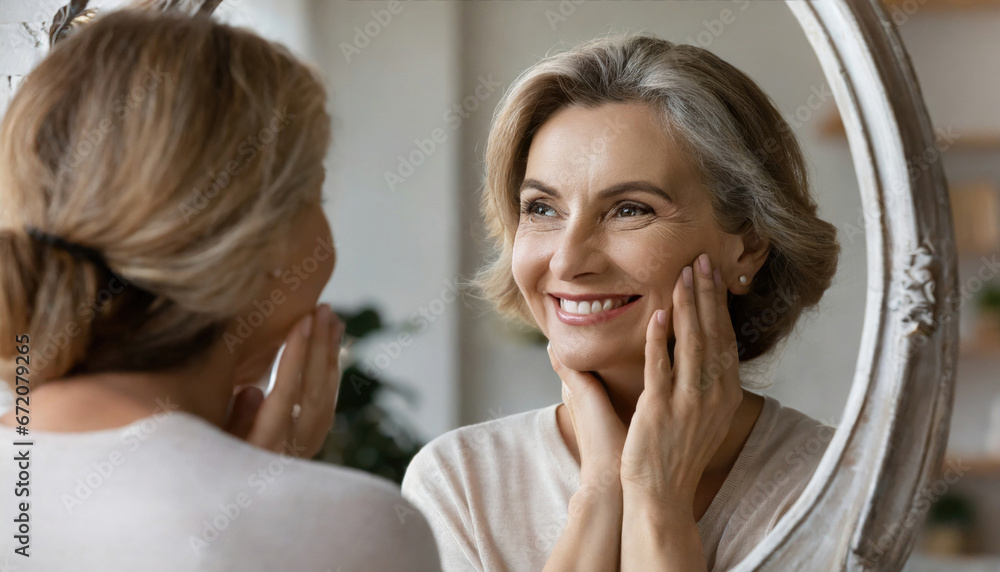 Happy 50s middle aged woman model touching face skin looking in mirror reflection. Smiling mature old lady pampering, healthy moisturized skin care, aging beauty, skincare treatment cosmetics concept Happy 50s middle aged woman model touching face skin looking in mirror reflection. Smiling mature old lady pampering, healthy moisturized skin care, aging beauty, skincare treatment cosmetics concept