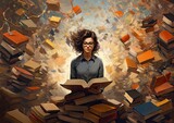 An abstract expressionist-inspired image of a librarian surrounded by floating books, each one