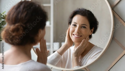 Happy 50s middle aged woman model touching face skin looking in mirror reflection. Smiling mature old lady pampering, healthy moisturized skin care, aging beauty, skincare treatment cosmetics concept photo