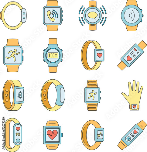 Sport fitness tracker icon set. Outline set of sport fitness tracker vector icons thin line color flat on white