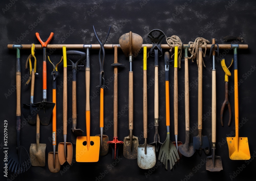 Naklejka premium An abstract photograph of a landscaper's tools, arranged in a visually pleasing composition. The
