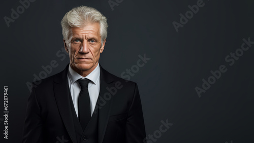 Driven man, 60s, gray hair, dark suit and tie