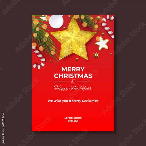 Merry Christmas and Happy New Year. Greeting card or poster template design with beautiful decoration