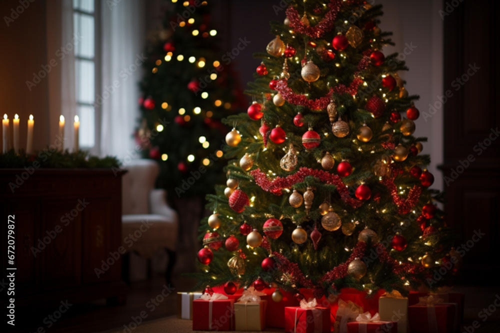 Christmas tree indoor view , christmas tree in home Generative AI