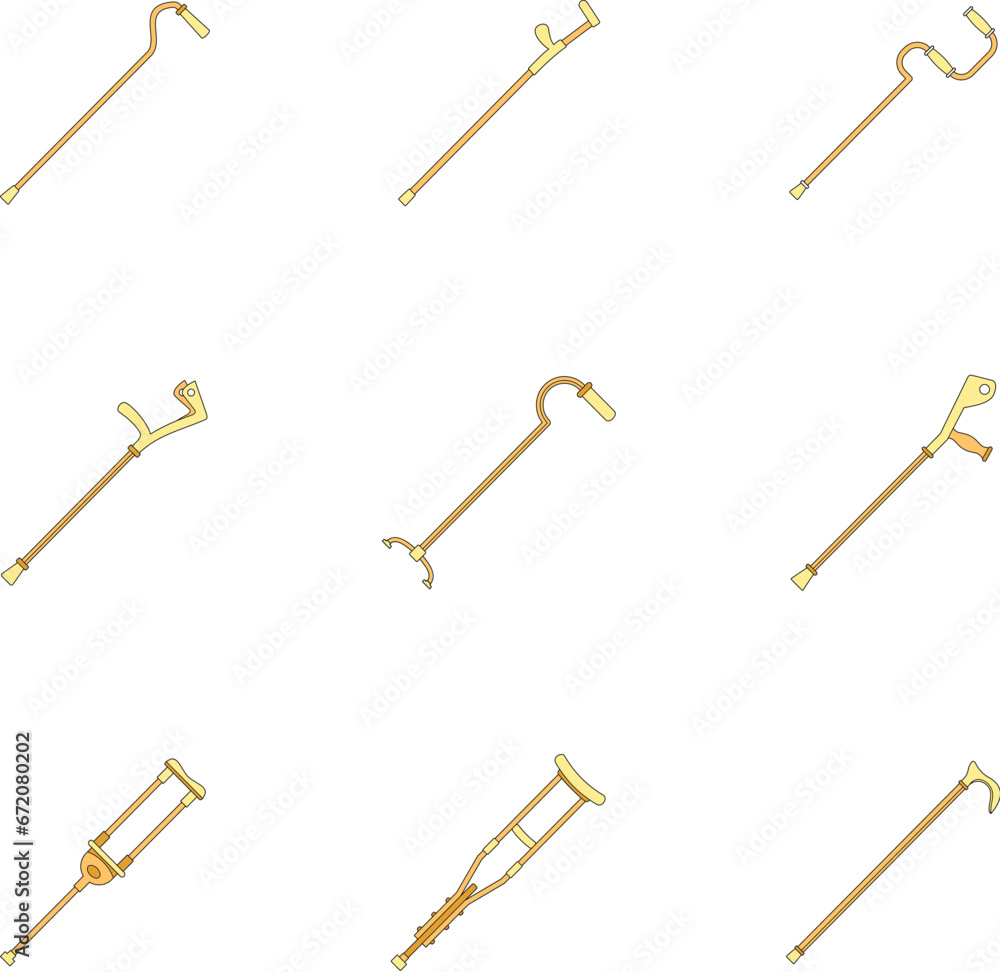 Crutches injury support care leg reliance icons set. Outline illustration of 9 crutches injury support care leg reliance vector icons thin line color flat on white Crutches injury support care leg reliance icons set. Outline illustration of 9 crutches injury support care leg reliance vector icons thin line color flat on white