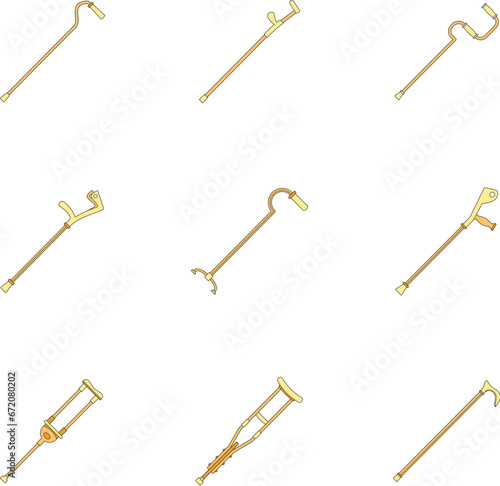 Crutches injury support care leg reliance icons set. Outline illustration of 9 crutches injury support care leg reliance vector icons thin line color flat on white