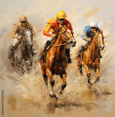 Photo watercolor sports art horse racing suitable for wall painting. Generative AI © awalcreative