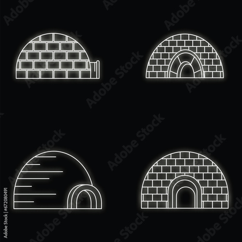 Arctic igloo icon set. Outline set of arctic igloo vector icons neon color on black