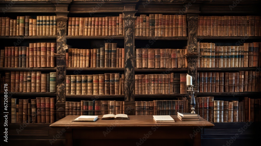 A library wall adorned with rows of old ancient books, containing a wealth of historical texts and manuscripts. A library wall adorned with rows of old ancient books, containing a wealth of historical texts and manuscripts.