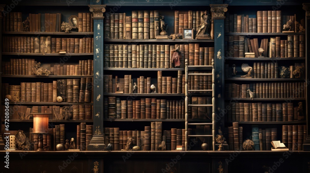 A library wall adorned with rows of old ancient books, containing a wealth of historical texts and manuscripts. A library wall adorned with rows of old ancient books, containing a wealth of historical texts and manuscripts.
