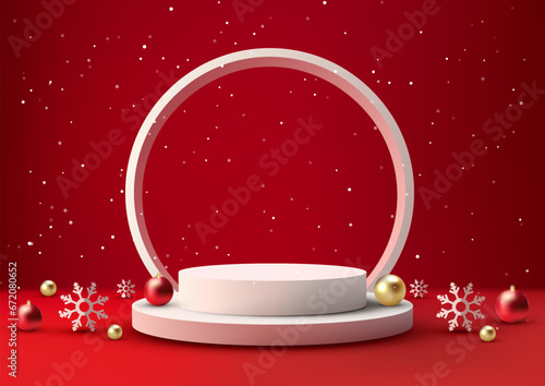 3D Realistic White Christmas Podium on Red Background for Product Display