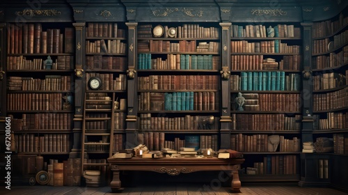 A library wall adorned with rows of old ancient books, containing a wealth of historical texts and manuscripts. photo