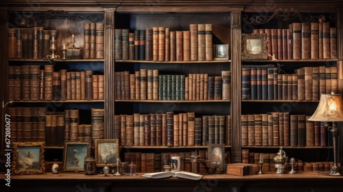 A library wall adorned with rows of old ancient books, containing a wealth of historical texts and manuscripts.