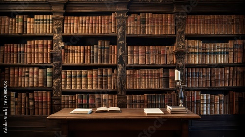 A library wall adorned with rows of old ancient books, containing a wealth of historical texts and manuscripts.