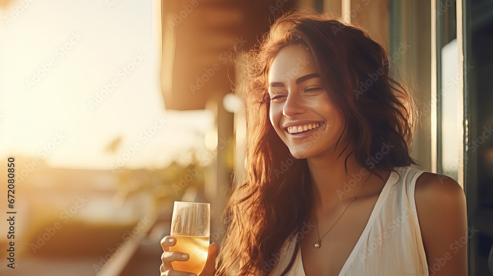 Blissful youthful lady clinks glasses with scrumptious cocktails with companion investing time together on enhanced porch on summer day near see. - obrazy, fototapety, plakaty 