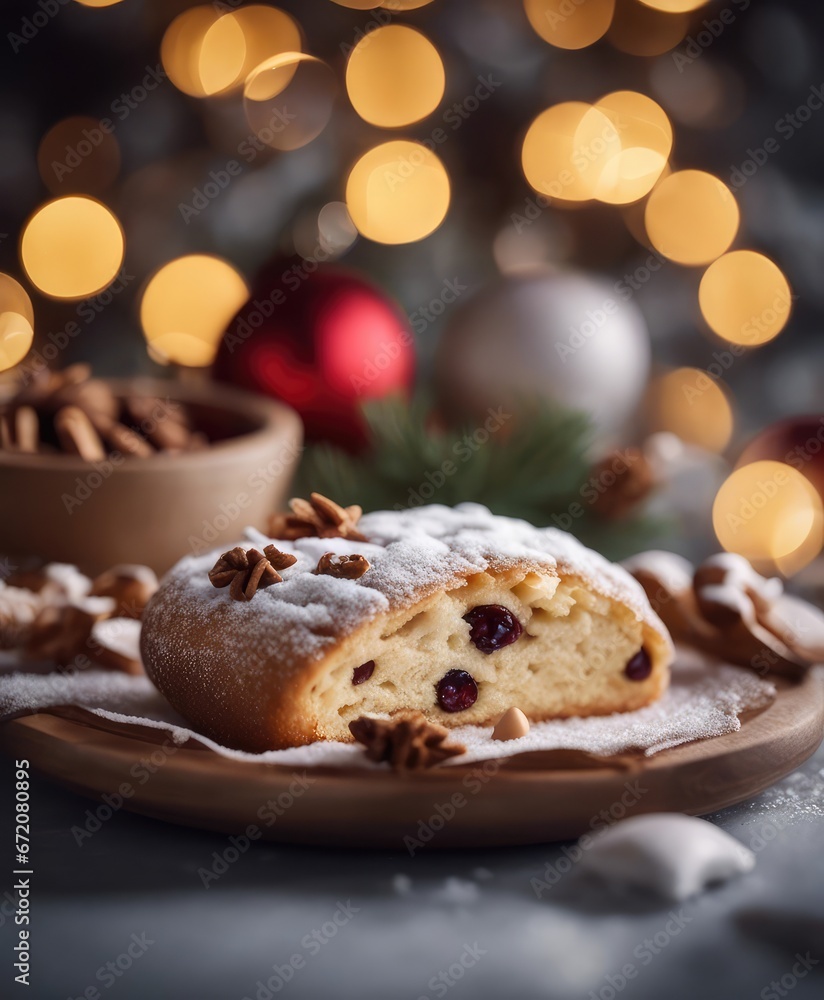 traditional German Christmas cupcake stollen on a wooden board, studded with candied fruits, marzipan, and dusted with powdered sugar traditional German Christmas cupcake stollen on a wooden board, studded with candied fruits, marzipan, and dusted with powdered sugar
