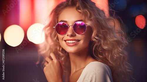 Deal, mold, individuals and extravagance concept - cheerful wonderful youthful lady in dark shades with shopping packs over occasions lights foundation
