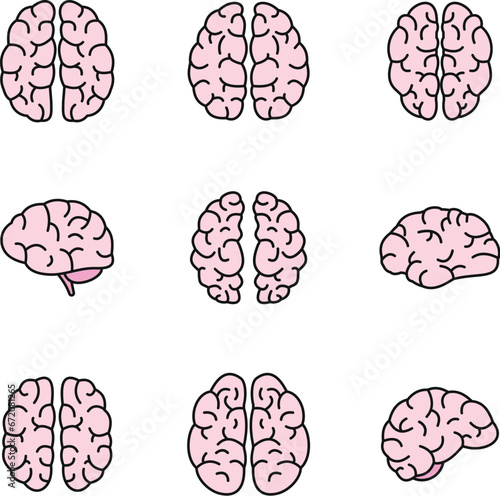 Brain mind icon set. Outline set of brain mind vector icons thin line color flat on white