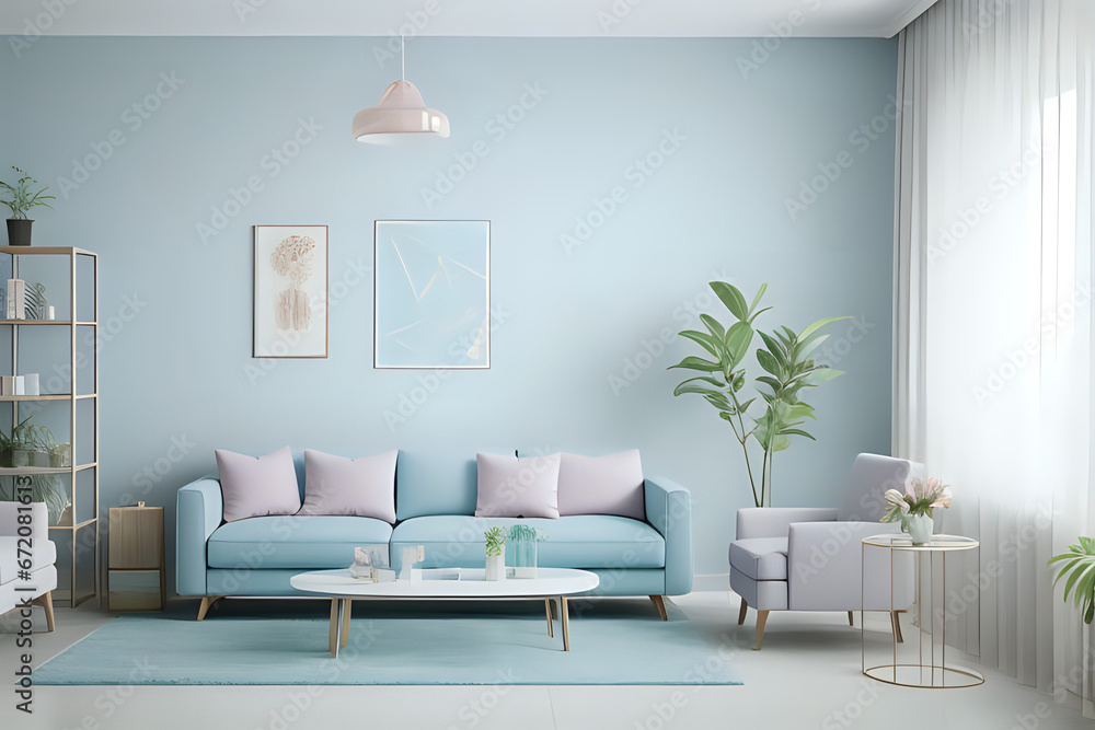 Pastel light color - interior accent. Sky blue of walls and furniture. Modern reception or lounge area of ​​the house. Living room interior mockup design. Modern living room.