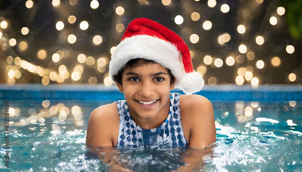 boy with santa hat in the pool