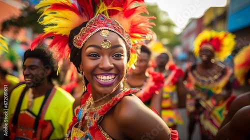 Gather of individuals getting a charge out of road Carnival celebration. Companions snickering outside in outfits