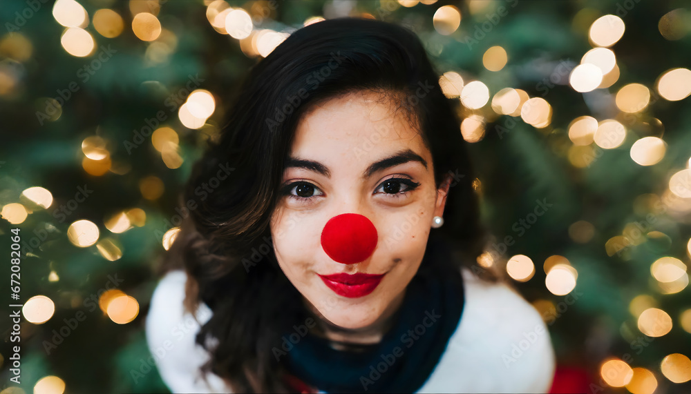 portrait of latin girl with reindeer nose at christmas portrait of latin girl with reindeer nose at christmas