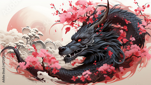 Dragon Chinese Zodiac.illustration fantasy Black dragon with pink cherry blossom flower and tree for Chinese new year 2024 Asian Celebration, Generative Ai.