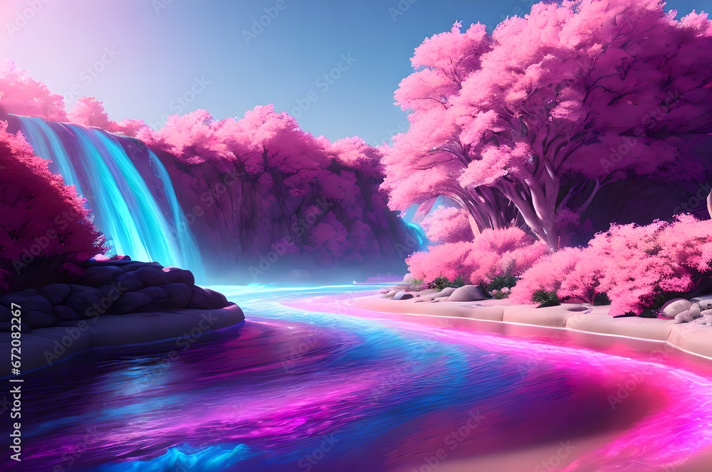 Fantasy nature landscape, in pink colors, Generative AI