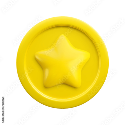 Vector 3d golden game coin with star realistic icon. Trendy gold round wavy award, medal, abstract winner badge sign. 3d render minimal cartoon game purchase elements illustration, game money symbol.