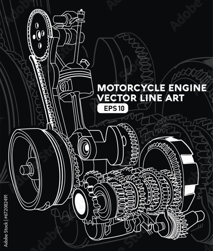 motorcycle engine vector line art illustration, gear piston belting system blueprint sketch