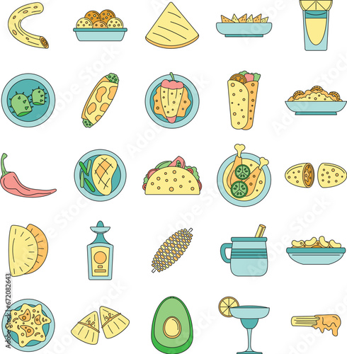 Healthy mexican food icon set. Outline set of healthy mexican food vector icons thin line color flat on white