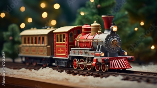 A vintage toy train going around a Christmas tree