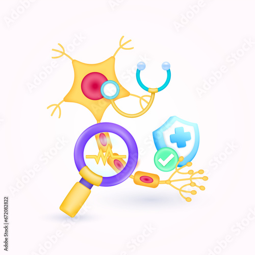 Nerve cell health check up with doctor. Yellow heart pulse in magnifying glass looking  cells diagnosis and shield symbol cross, check mark button. Medical health care. 3d icon organ cartoon vector.