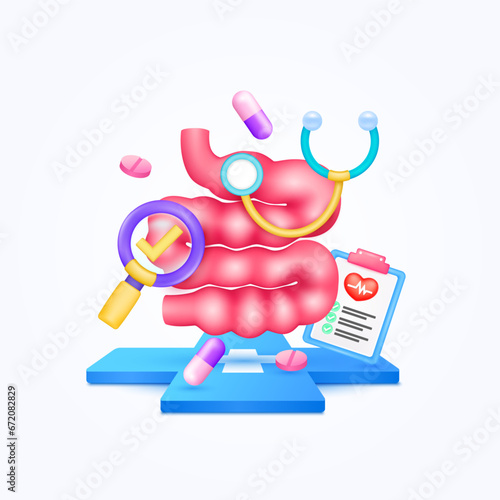 Small intestine health care with doctor. Pills, Document form board and stethoscope with check mark in magnifying glass looking diagnosis floating on cross medical symbols. 3d icon organ vector.