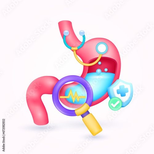 Stomach health check up with doctor. Yellow heart pulse in magnifying glass looking stomach diagnosis and shield symbol cross, check mark button. Medical health care. 3d icon organ vector.