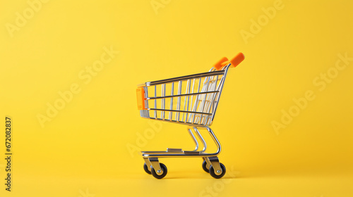Shopping cart on yellow background copy space