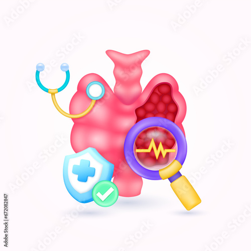 Thyroid gland health check up with doctor. Yellow heart pulse in magnifying glass looking thyroid diagnosis and shield symbol cross, check mark button. Medical health care. 3d icon organ vector.
