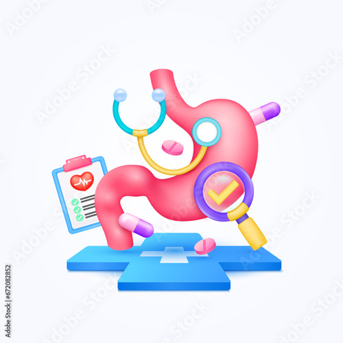 Stomach health care with doctor. Document form board and stethoscope, pills with check mark in magnifying glass looking diagnosis floating on cross medical symbols. 3d cartoon icon organ vector.
