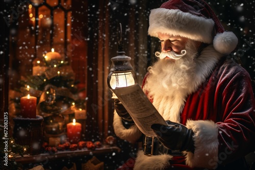 Santa Claus reading letters by the light of a lantern