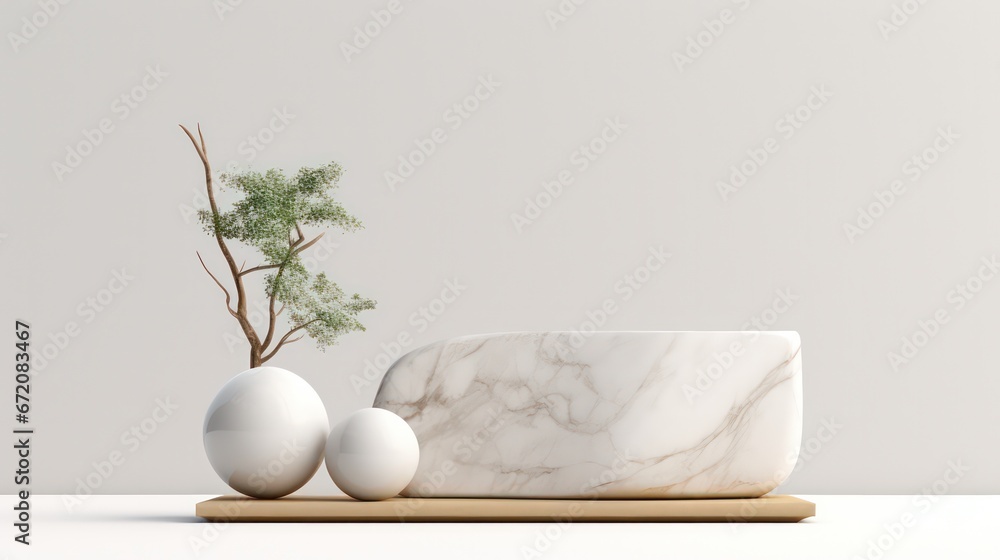 Minimalist cosmetics mockup featuring a white marble geometric background designed to showcase stone and wood and grass. Minimalist cosmetics mockup featuring a white marble geometric background designed to showcase stone and wood and grass.