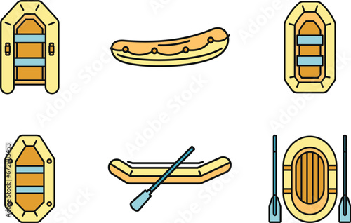 Rubber inflatable boat icon set. Outline set of rubber inflatable boat vector icons thin line color flat on white