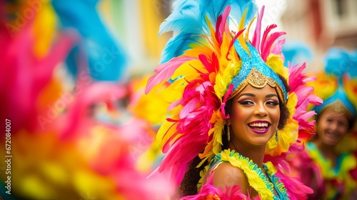 Theoretical see of samba artists in colorful frilled ensembles at a daytime Carnival road party