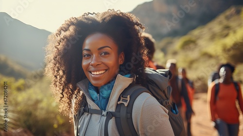 Upbeat youthful african lady eating sandwich and grinning whereas unwinding with companions amid climb. Gather of climbers taking break amid nation climb