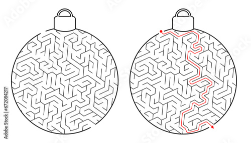 Maze Christmas ball. Labyrinth. Christmas tree toy. Simple flat vector illustration isolated on white background. Black and white vector