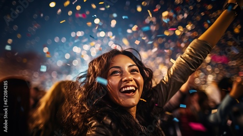 Upbeat dressed individuals celebrating at carnival party tossing confetti - Youthful companions having fun together at fest occasion - Youth, hangout, happy and joy concept © Ruslan